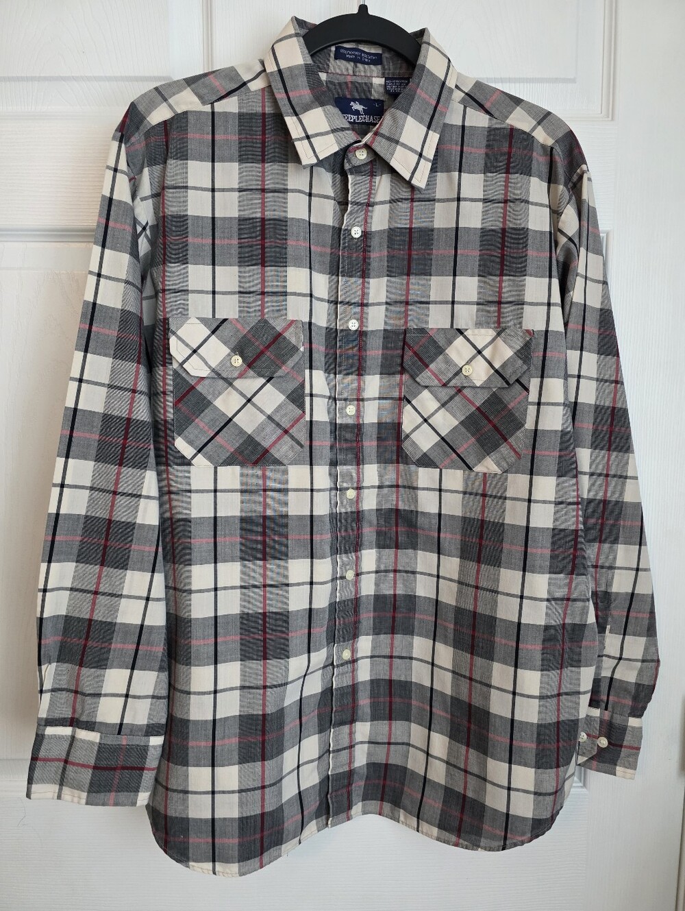 Vintage Steeplechase Plaid Button Down Shirt Men's Large Grey Red Black